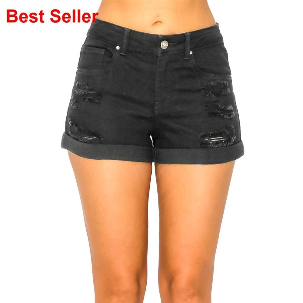 High Waisted Distressed Denim Shorts with Cuffed Hem